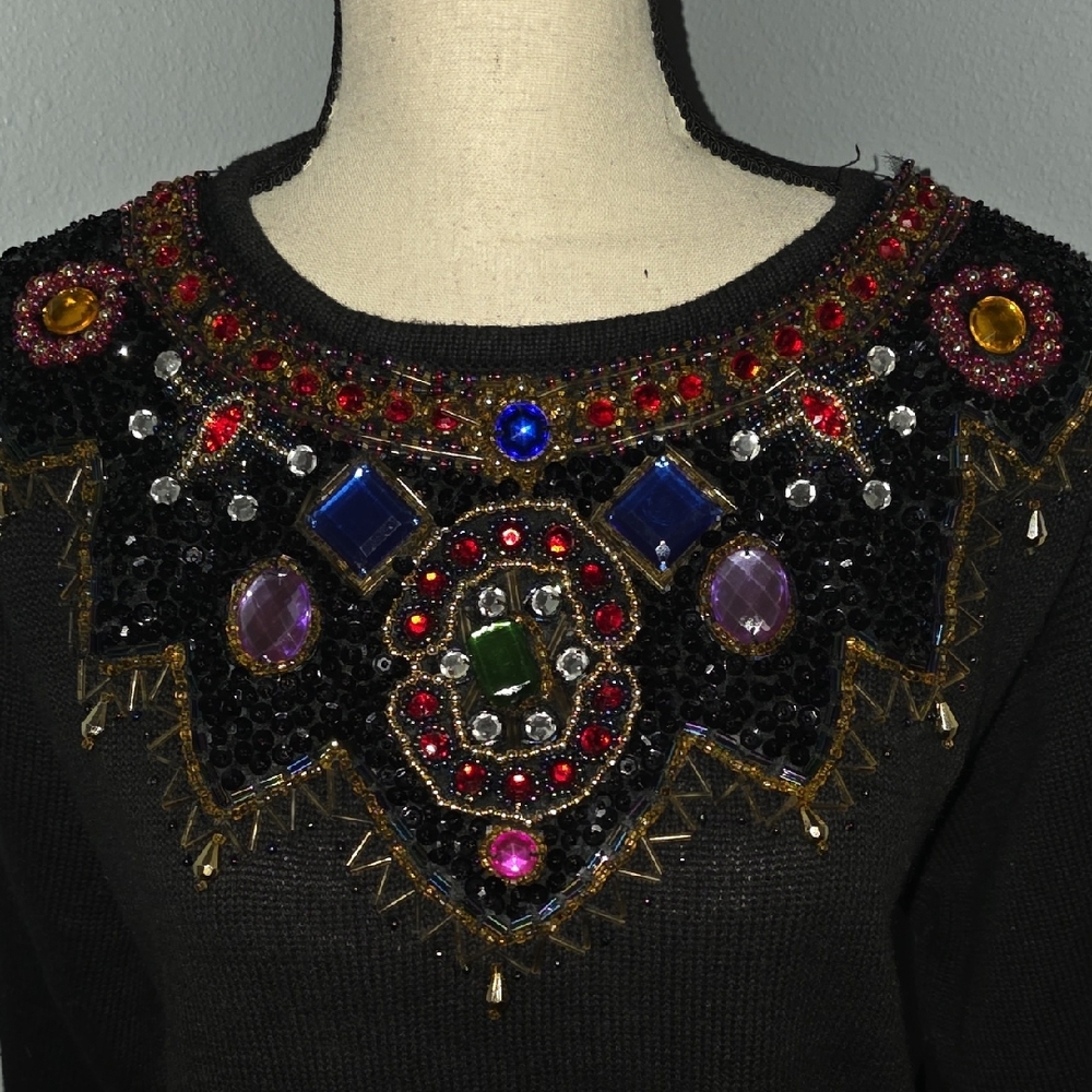 Black Jeweled Crewneck Sweater with Ornate Embellishment - Picture 4 of 8